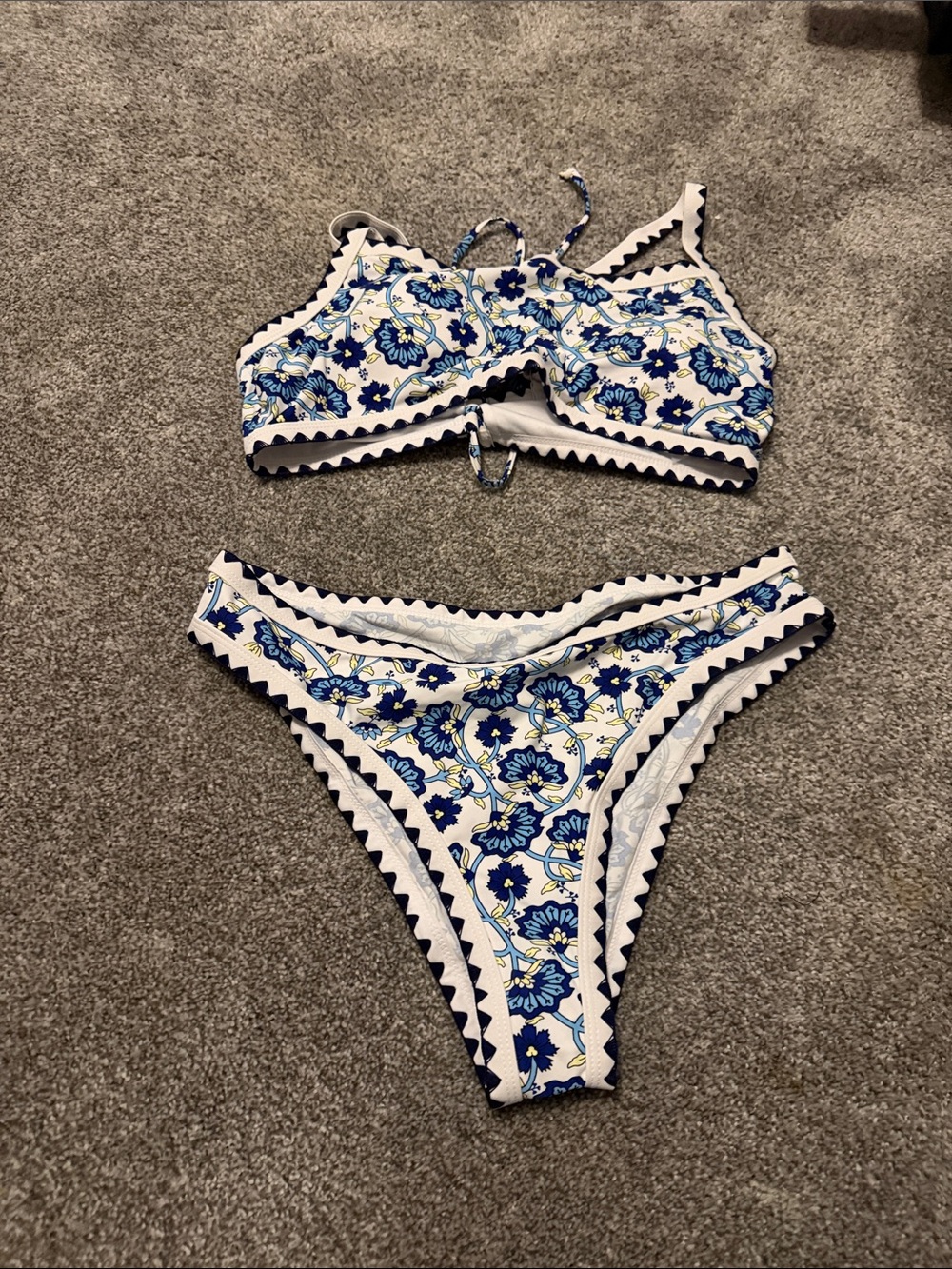 Blue Floral Two-Piece Bikini Set with Scalloped Trim